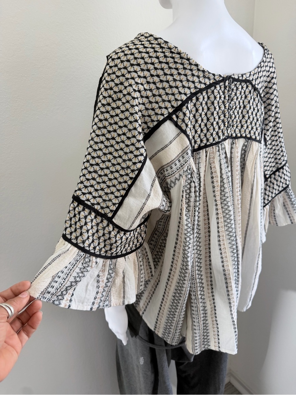 Free People Ivory and Black Patterned Peasant Blouse - Picture 7 of 10